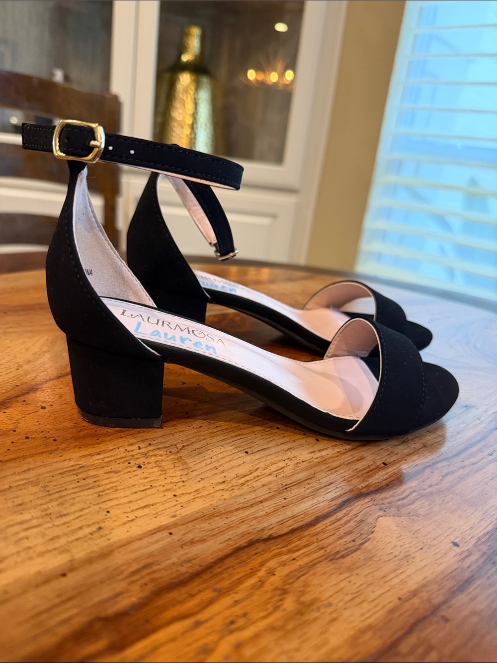 Black Low Block Heel Sandals with Ankle Strap Size 2